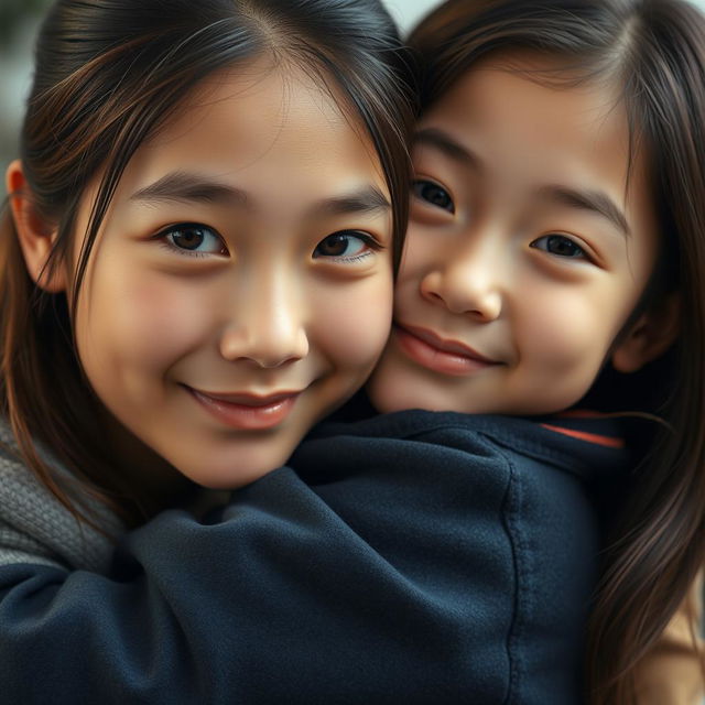 A beautiful older sister with a Japanese face, looking around 16 years old, hugging her younger brother in a close-up photo