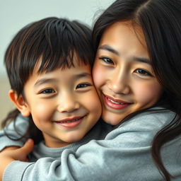 A beautiful older sister with a Japanese face, looking around 16 years old, hugging her younger brother in a close-up photo