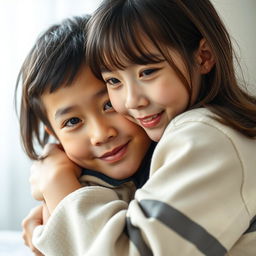 A beautiful older sister with a Japanese face, looking around 16 years old, hugging her younger brother in a close-up photo