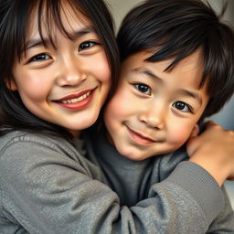 A beautiful older sister with a Japanese face, looking around 16 years old, hugging her younger brother in a close-up photo