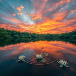 A serene landscape featuring a stunning water mirror effect, reflecting a vibrant sunset sky filled with hues of orange, pink, and violet