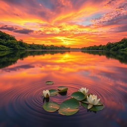 A serene landscape featuring a stunning water mirror effect, reflecting a vibrant sunset sky filled with hues of orange, pink, and violet