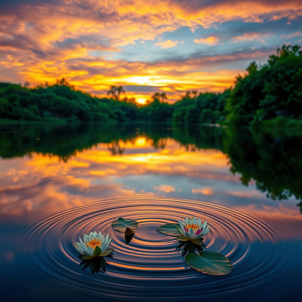 A serene landscape featuring a stunning water mirror effect, reflecting a vibrant sunset sky filled with hues of orange, pink, and violet