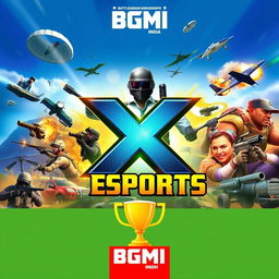 A dynamic and exciting esports thumbnail for BGMI (Battlegrounds Mobile India), featuring a vibrant, action-packed background with intense gameplay scenes