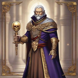 An image of Sir Aldric, designed in the style of a Dungeons & Dragons character card, with a touch of Yu-Gi-Oh artistry