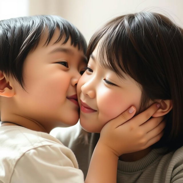 A beautiful Asian older sister, around 16 years old, gently kissing the cheek of her younger brother in a close-up photograph