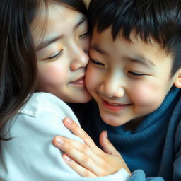 A beautiful Asian older sister, around 16 years old, gently kissing the cheek of her younger brother in a close-up photograph