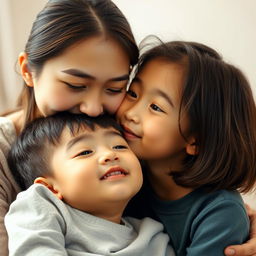 A beautiful Asian older sister, around 16 years old, gently kissing the cheek of her younger brother in a close-up photograph