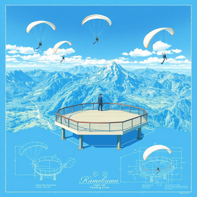 A serene and detailed blueprint illustration of a view deck designed specifically for paragliding activities