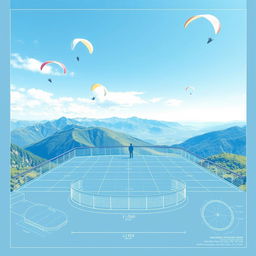 A serene and detailed blueprint illustration of a view deck designed specifically for paragliding activities