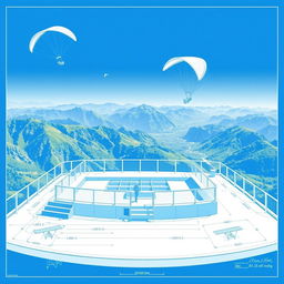A serene and detailed blueprint illustration of a view deck designed specifically for paragliding activities