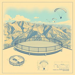 A serene and detailed blueprint illustration of a view deck designed specifically for paragliding activities