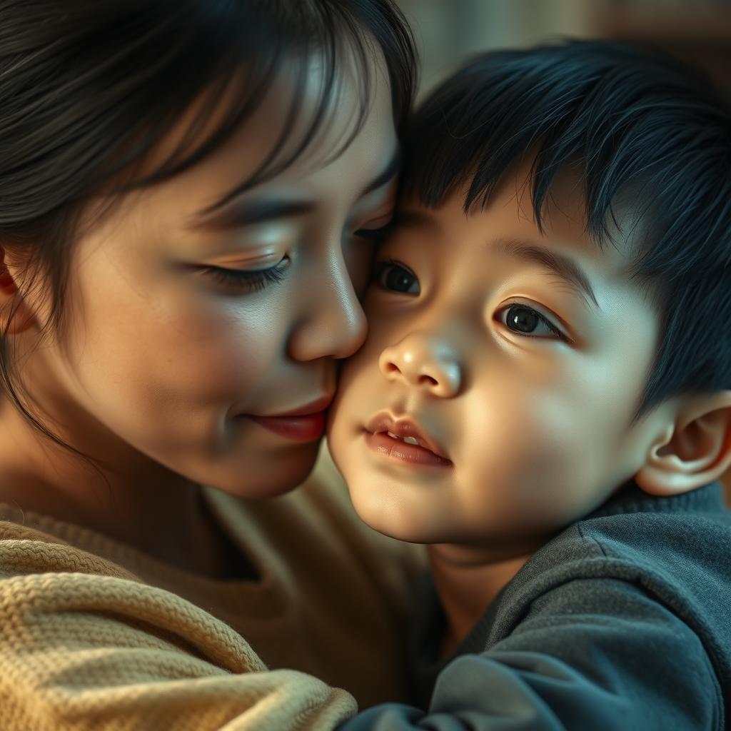 A beautiful older sister with Asian features, around 16 years old, gently kissing the cheek of her younger brother in a warm, affectionate moment