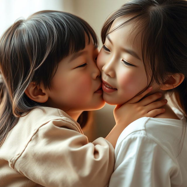 A beautiful older sister with Asian features, around 16 years old, gently kissing the cheek of her younger brother in a warm, affectionate moment