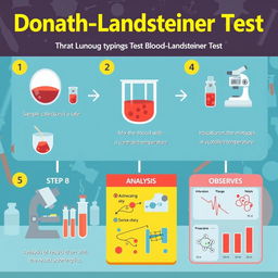 An informative and creative illustration showcasing the step-by-step procedures of the Donath-Landsteiner Test, designed for blood group typing
