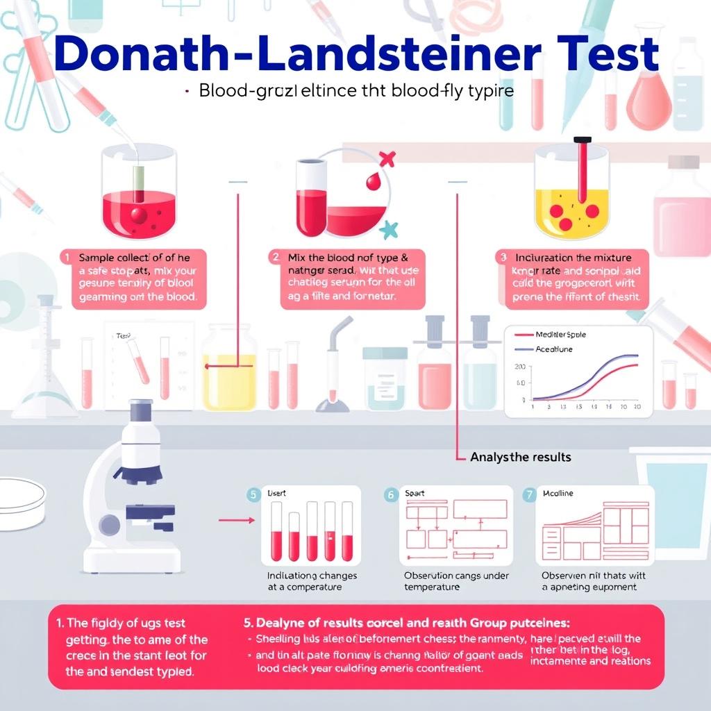 An informative and creative illustration showcasing the step-by-step procedures of the Donath-Landsteiner Test, designed for blood group typing