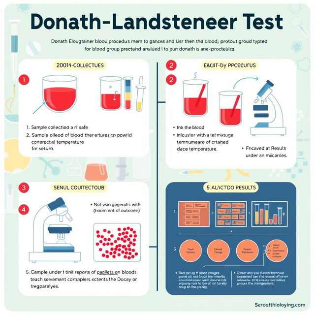 An informative and creative illustration showcasing the step-by-step procedures of the Donath-Landsteiner Test, designed for blood group typing