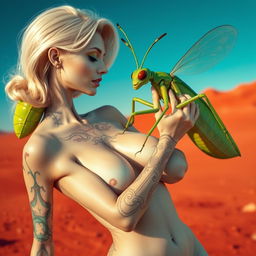 A stunning white woman with shiny blonde hair and large breasts, adorned with intricate alien tattoos
