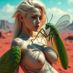 A stunning white woman with shiny blonde hair and large breasts, adorned with intricate alien tattoos