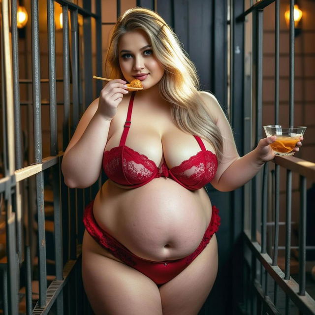 A confident pregnant woman in red lace lingerie, playfully taking a bite of a fried snack while holding a cocktail in her other hand, standing in a dimly lit, stylized jail cell