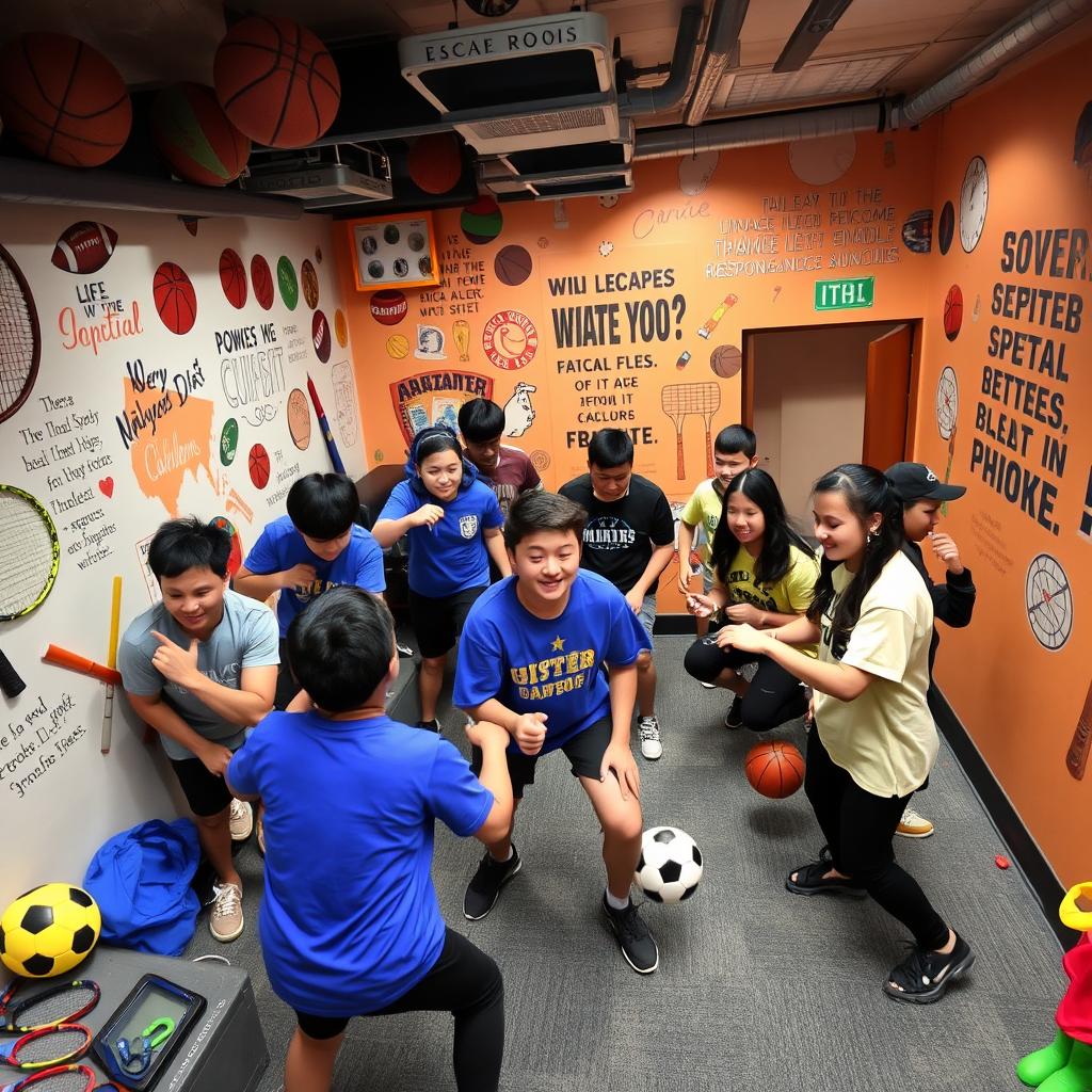 An exciting escape room themed around various sports, with students actively engaging in a series of challenges and puzzles