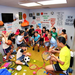 An exciting escape room themed around various sports, with students actively engaging in a series of challenges and puzzles