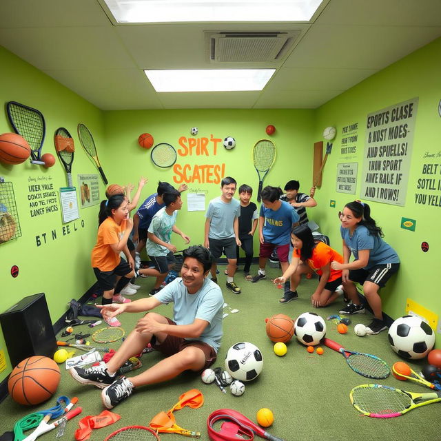 An exciting escape room themed around various sports, with students actively engaging in a series of challenges and puzzles