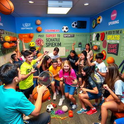 An exciting escape room themed around various sports, with students actively engaging in a series of challenges and puzzles