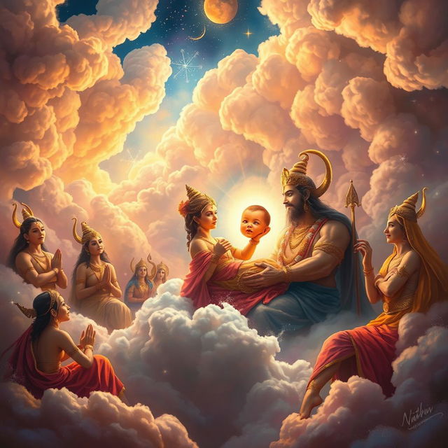 A majestic and dramatic scene depicting the birth of Karn, a significant figure from Hindu mythology