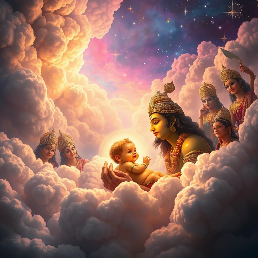 A majestic and dramatic scene depicting the birth of Karn, a significant figure from Hindu mythology