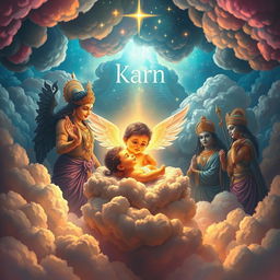 A majestic and dramatic scene depicting the birth of Karn, a significant figure from Hindu mythology