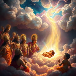 A majestic and dramatic scene depicting the birth of Karn, a significant figure from Hindu mythology