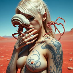 A striking white woman with shiny blonde hair and large breasts, featuring intricate alien tattoos on her body