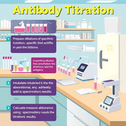 An educational illustration depicting the step-by-step procedure of antibody titration in a laboratory setting