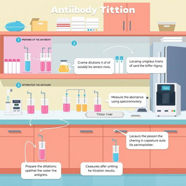 An educational illustration depicting the step-by-step procedure of antibody titration in a laboratory setting