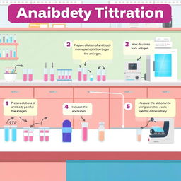 An educational illustration depicting the step-by-step procedure of antibody titration in a laboratory setting