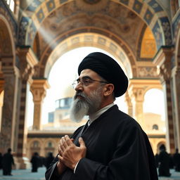 Ayatullah Ali Khamenei praying in Masjid Al-Aqsa, surrounded by the stunning architecture of the ancient mosque, which includes intricate tile work and beautiful arches