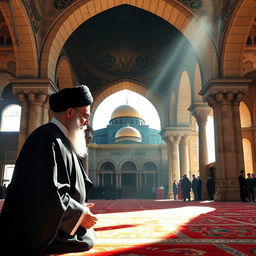 Ayatullah Ali Khamenei praying in Masjid Al-Aqsa, surrounded by the stunning architecture of the ancient mosque, which includes intricate tile work and beautiful arches