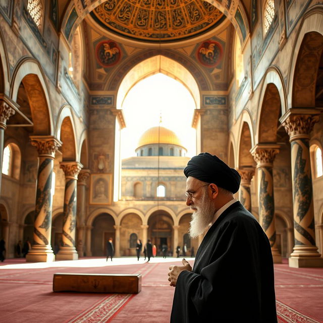 Ayatullah Ali Khamenei praying in Masjid Al-Aqsa, surrounded by the stunning architecture of the ancient mosque, which includes intricate tile work and beautiful arches