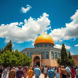A stunning view of Masjid al-Aqsa, located in Jerusalem, showcasing its iconic golden dome surrounded by ancient stone architecture and lush greenery