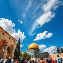 A stunning view of Masjid al-Aqsa, located in Jerusalem, showcasing its iconic golden dome surrounded by ancient stone architecture and lush greenery