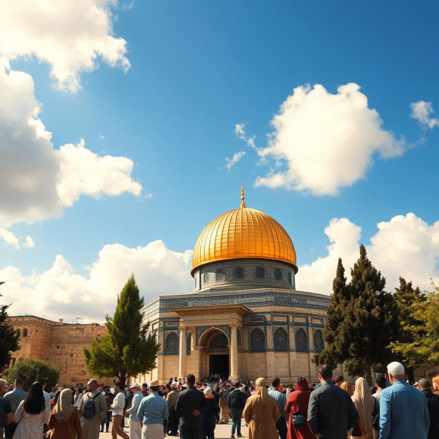 A stunning view of Masjid al-Aqsa, located in Jerusalem, showcasing its iconic golden dome surrounded by ancient stone architecture and lush greenery