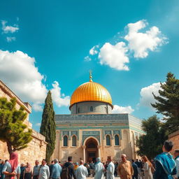 A stunning view of Masjid al-Aqsa, located in Jerusalem, showcasing its iconic golden dome surrounded by ancient stone architecture and lush greenery