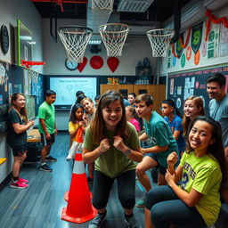 A thrilling escape room setup designed within a physical education class, featuring students working together to solve various sport-related challenges