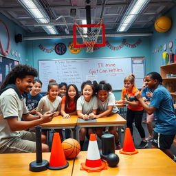 A thrilling escape room setup designed within a physical education class, featuring students working together to solve various sport-related challenges