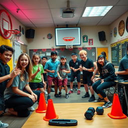 A thrilling escape room setup designed within a physical education class, featuring students working together to solve various sport-related challenges