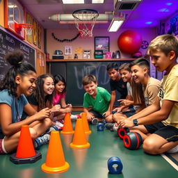 A thrilling escape room setup designed within a physical education class, featuring students working together to solve various sport-related challenges
