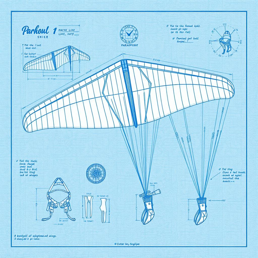 An intricate blueprint design showcasing various paragliding materials and components