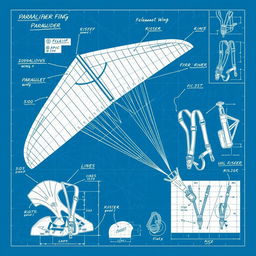 An intricate blueprint design showcasing various paragliding materials and components