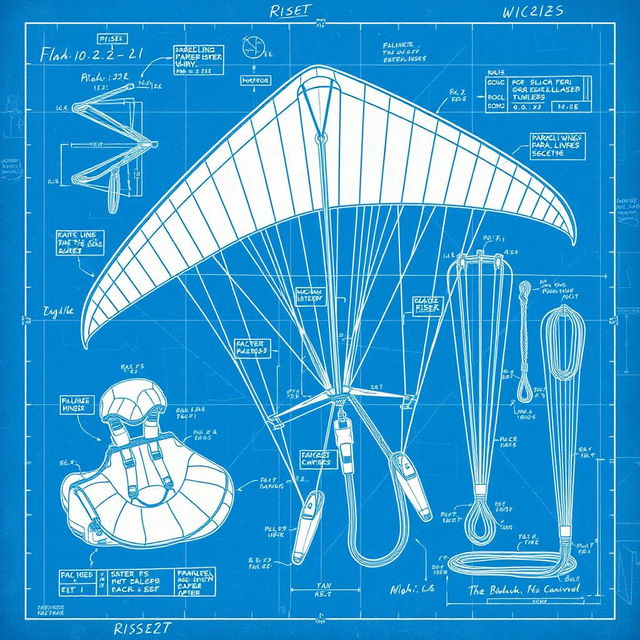 An intricate blueprint design showcasing various paragliding materials and components